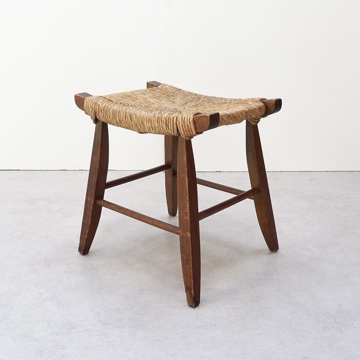 Stool in solid wood and straw, Swiss provenance